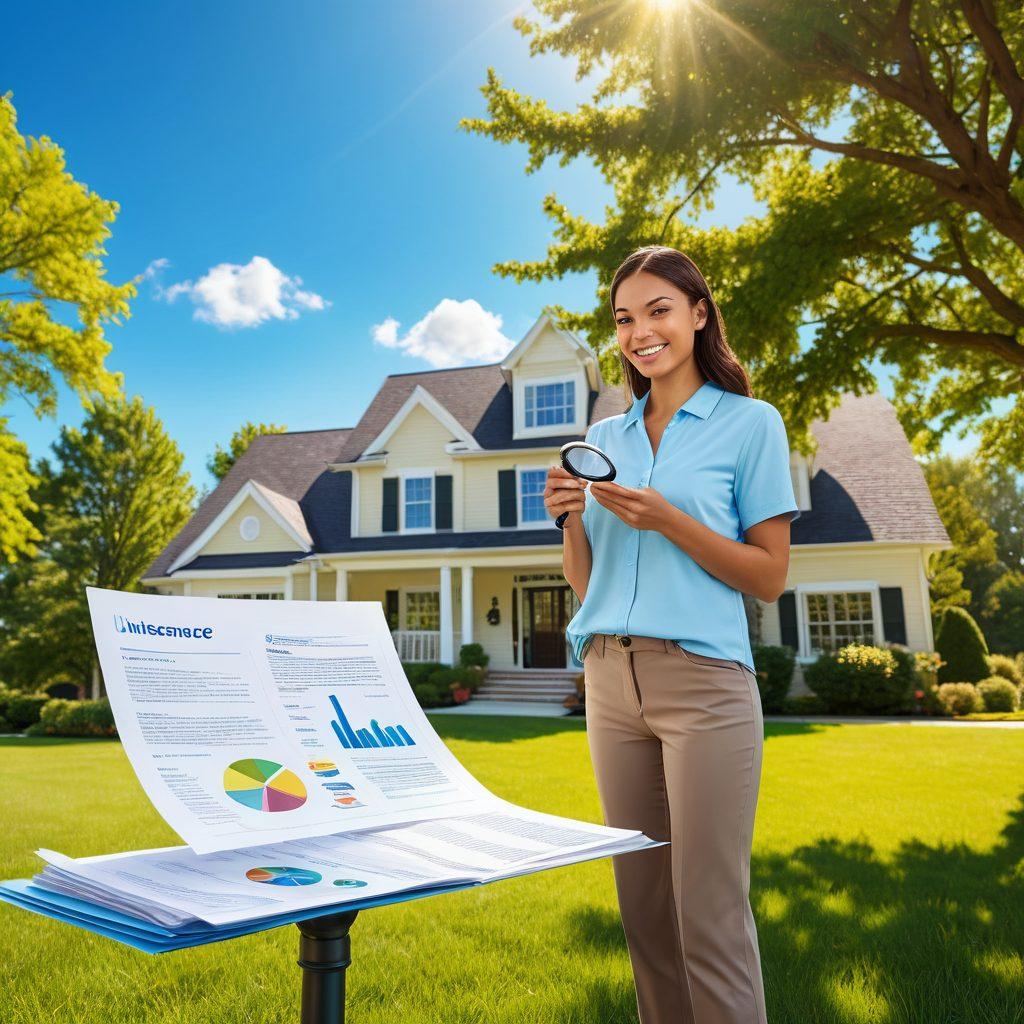 A confident individual holding a magnifying glass over a variety of insurance policy documents, surrounded by icons representing home, health, and auto coverage. The background features a serene scene of a family enjoying their life, symbolizing peace of mind. Bright colors and a clear sky convey optimism. super-realistic. vibrant colors.
