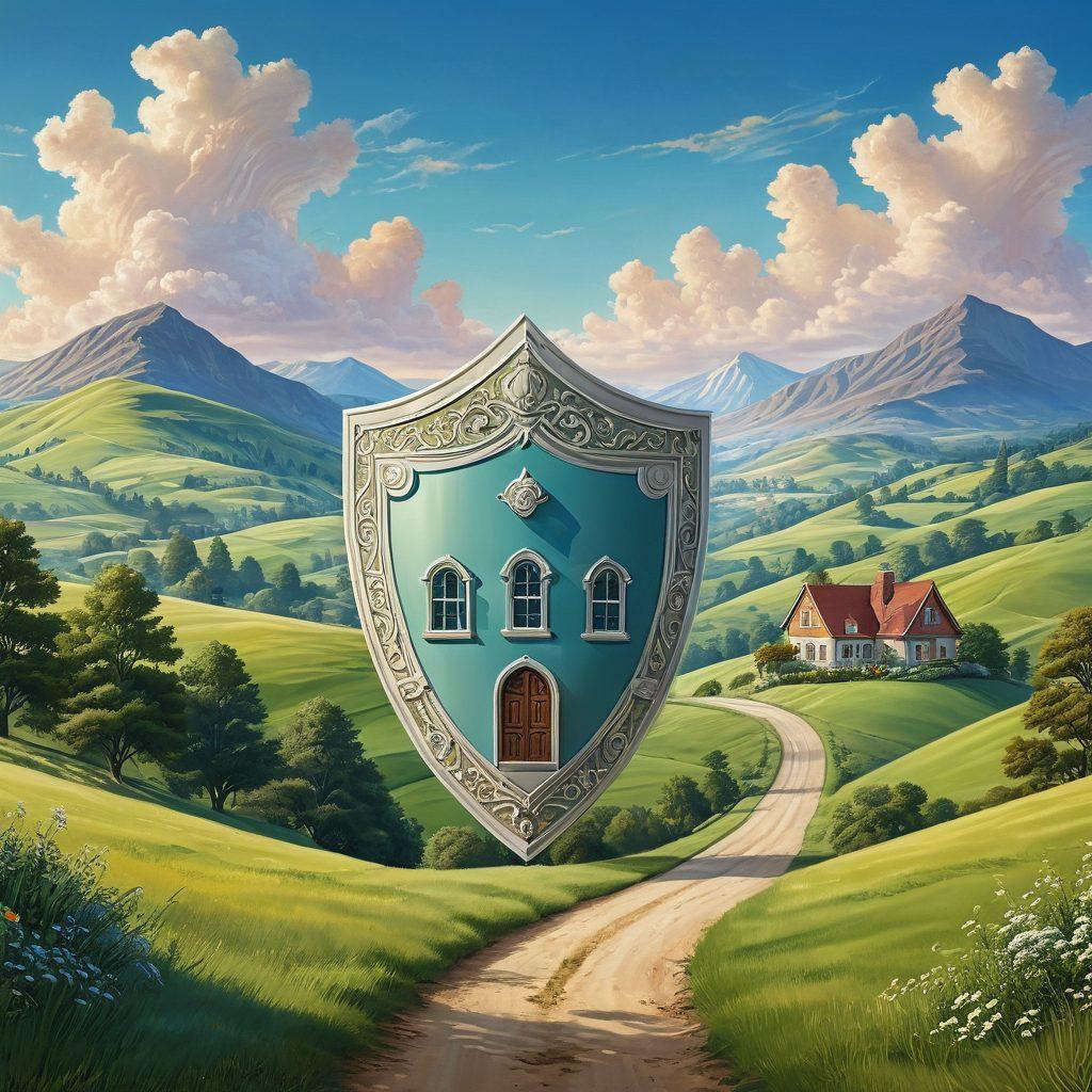 A heart-shaped shield symbolizing love and protection, surrounded by various insurance symbols like a house, car, and medical cross. In the background, a serene landscape with a clear blue sky, depicting safety and security. Soft, warm colors to convey trust and confidence. super-realistic. vibrant colors.