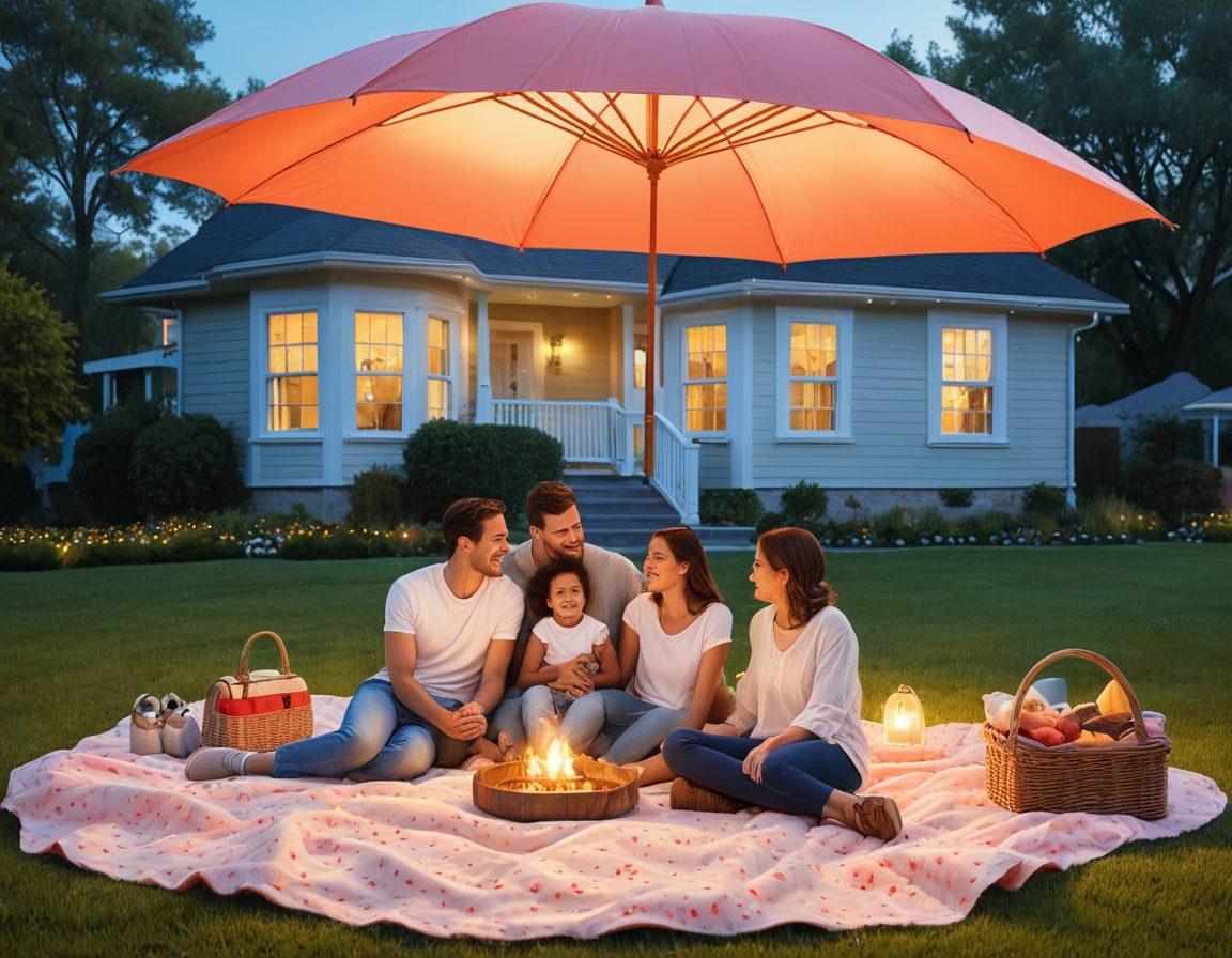 A warm and inviting scene depicting a family sitting together under a protective umbrella labeled 'Essential Insurance'. Surrounding them are symbols of life, love, and assets: a house, a heart, and a car, radiating a sense of security. The sky is bright and clear, symbolizing peace of mind. Include pastel colors to evoke a comforting atmosphere. vibrant colors. super-realistic.
